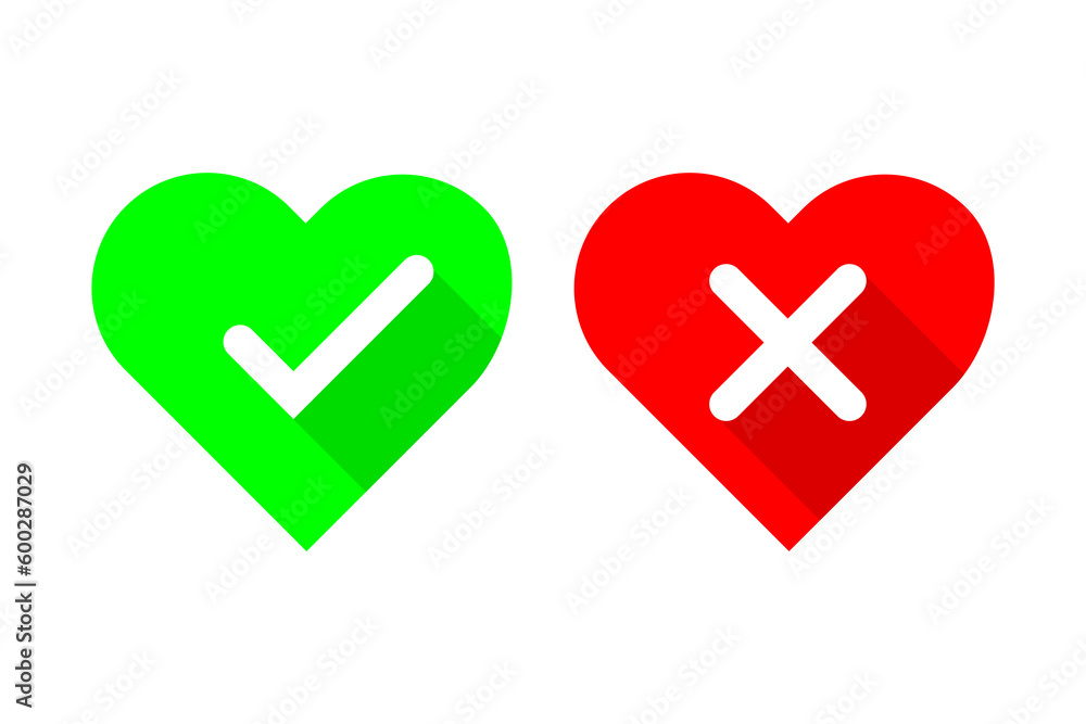 Red and green hearts with Yes and No check marks flat icon vector illustration design for love concept. Red and green hearts with Yes and No check marks flat icon vector illustration design for love concept.
