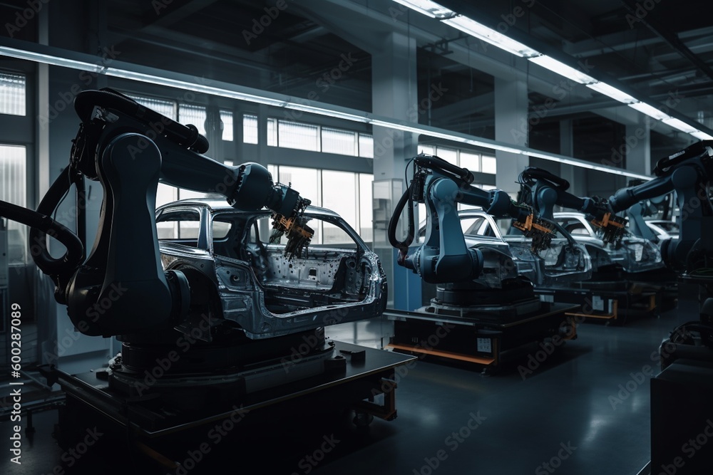 Automated Robot Arm Assembly Line Producing High Tech Electric Vehicles created with Generative AI