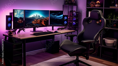 Powerful gaming PC at the center of the setup, surrounded by a sleek desk with a high-resolution monitor, an ergonomic gaming chair, and a set of premium gaming peripherals. Neon lights, Generative AI