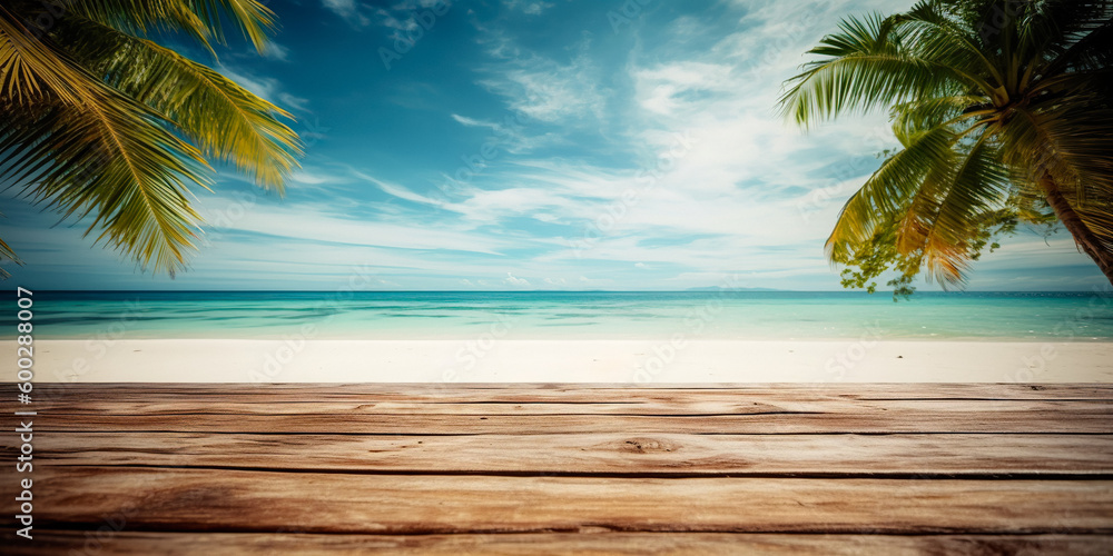 Summer Palm Banner: Tropical Paradise Beach Background, Sunlit Wooden Table, Blurred Palms, Nature-Inspired Vacation Design Summer Palm Banner: Tropical Paradise Beach Background, Sunlit Wooden Table, Blurred Palms, Nature-Inspired Vacation Design