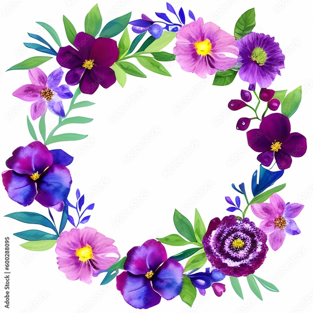 Watercolor/aquarelle floral purple wreath, hand drawn
