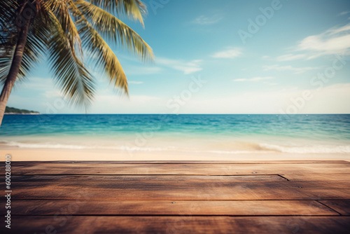 Summer Palm Banner  Tropical Paradise Beach Background  Sunlit Wooden Table  Blurred Palms  Nature-Inspired Vacation Design