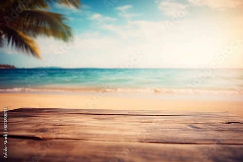Summer Palm Banner: Tropical Paradise Beach Background, Sunlit Wooden Table, Blurred Palms, Nature-Inspired Vacation Design © overlays-textures