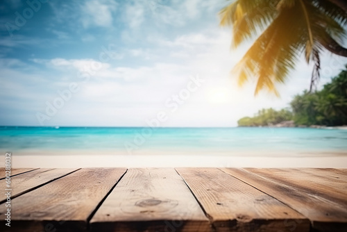 Summer Palm Banner: Tropical Paradise Beach Background, Sunlit Wooden Table, Blurred Palms, Nature-Inspired Vacation Design © overlays-textures