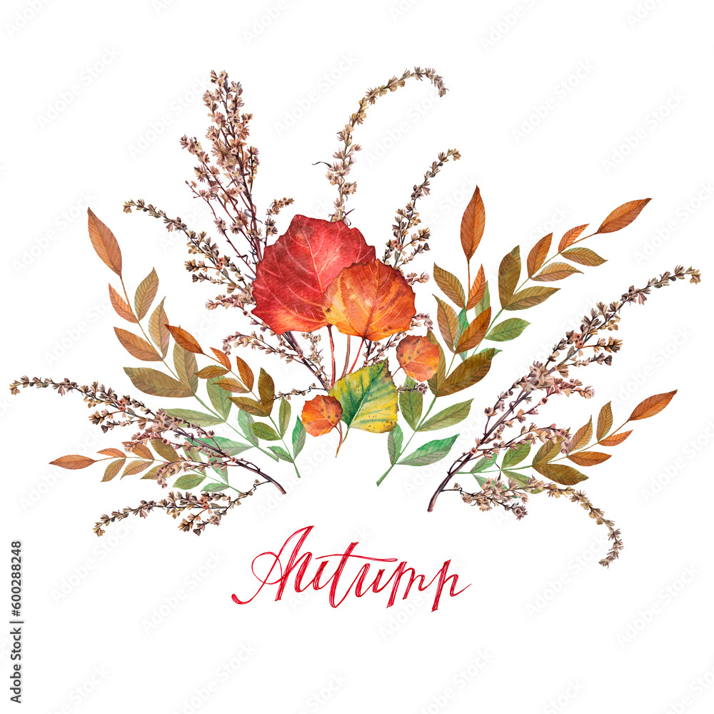 Autumn bouquet with lettering. Watercolor hand-drawn red green orange leaves isolated on white background. Forest nature foliage for frame. Creative clipart for  halloween wallpaper sketchbook - obrazy, fototapety, plakaty 