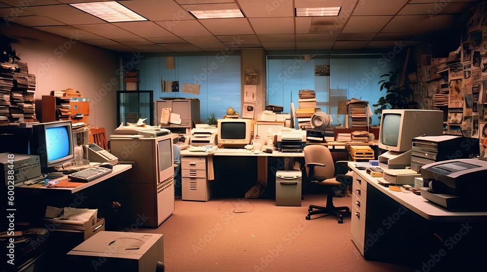 Retro 90s office with papers, large computers, and clutter, capturing the atmosphere of the era, generative ai Retro 90s office with papers, large computers, and clutter, capturing the atmosphere of the era, generative ai