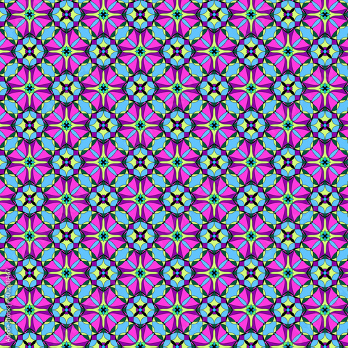Bold vibrant pink blue purple green floral mosaic shapes Vivid abstract geometric fabric pattern