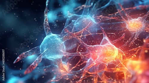 Medical illustration of human neuron cells neuroactivity  glowing brain link knots  neurotransmitters  axons  active nerve synapses with electrical chemical signals. Generative AI.