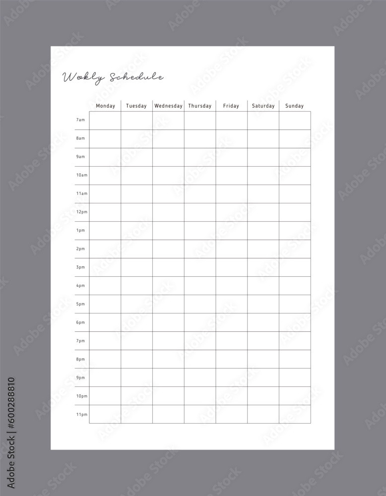 Weekly schedule. Minimalist planner template set. Vector illustration. Weekly schedule. Minimalist planner template set. Vector illustration.