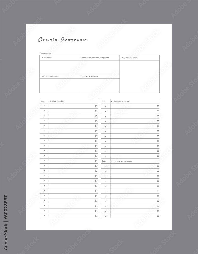 Course Overview. Minimalist planner template set. Vector illustration. Course Overview. Minimalist planner template set. Vector illustration.