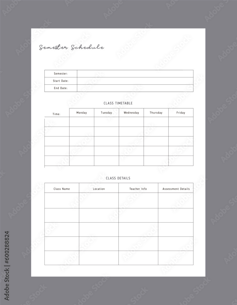 Semester schedule planner. Minimalist planner template set. Vector illustration. Semester schedule planner. Minimalist planner template set. Vector illustration.