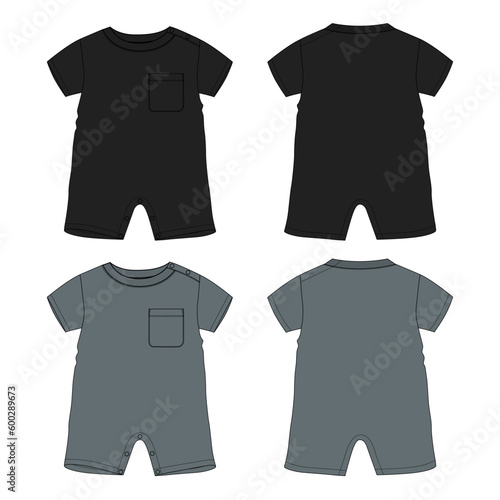 Romper bodysuit technical drawing fashion flat sketch vector illustration black and grey color template for kids isolated on white background.
