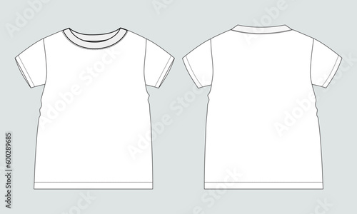 Short sleeve Basic T-shirt technical fashion flat sketch vector Illustration template front and back views. Basic apparel Design Mock up for Kids and boys. 