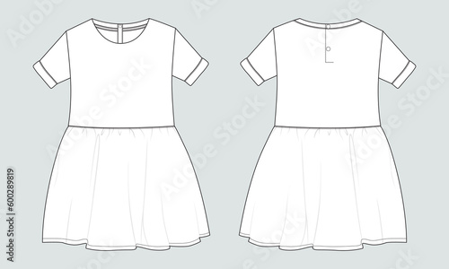 Baby girls Tops and Skirt dress design technical Flat sketch vector illustration template. Apparel clothing Mock up front and back views For Baby kids.
