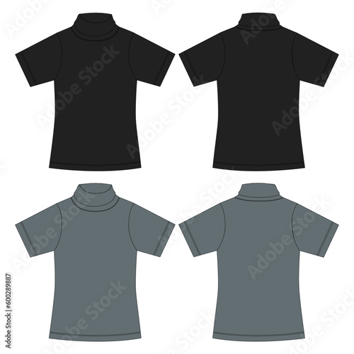 Short sleeve T shirt with stand up collar technical drawing fashion flat sketch vector illustration black and grey color template front and back views isolated on white background