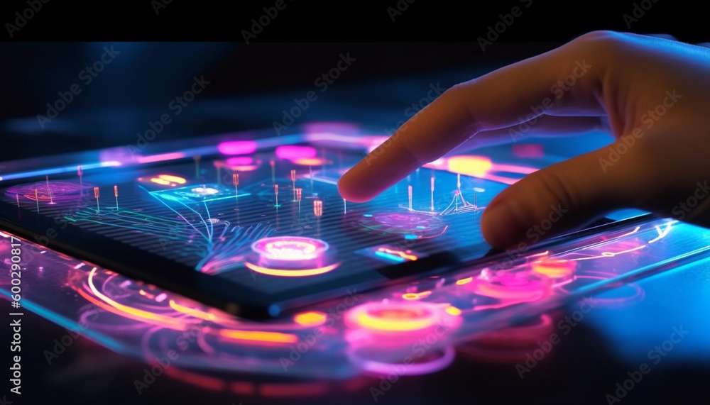 Obraz premium Technology Interface on Transparent Smart Device with Glowing Icons and Holographic Projections on Backlit Background of Interconnected Data Points and Wave Lines - Generative AI