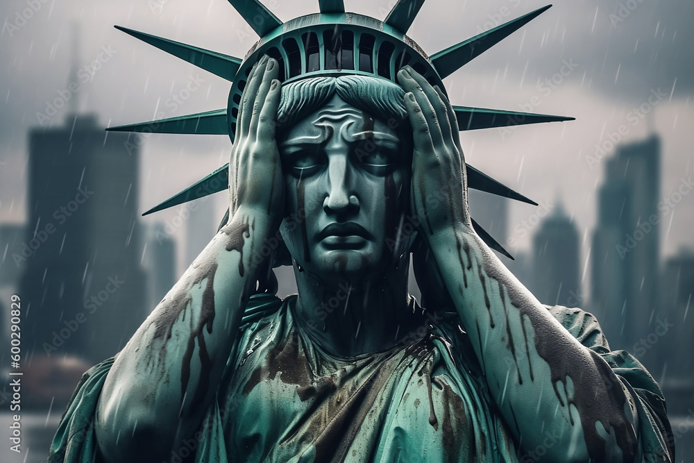 Statue of liberty crying with her hands covering her face, raining