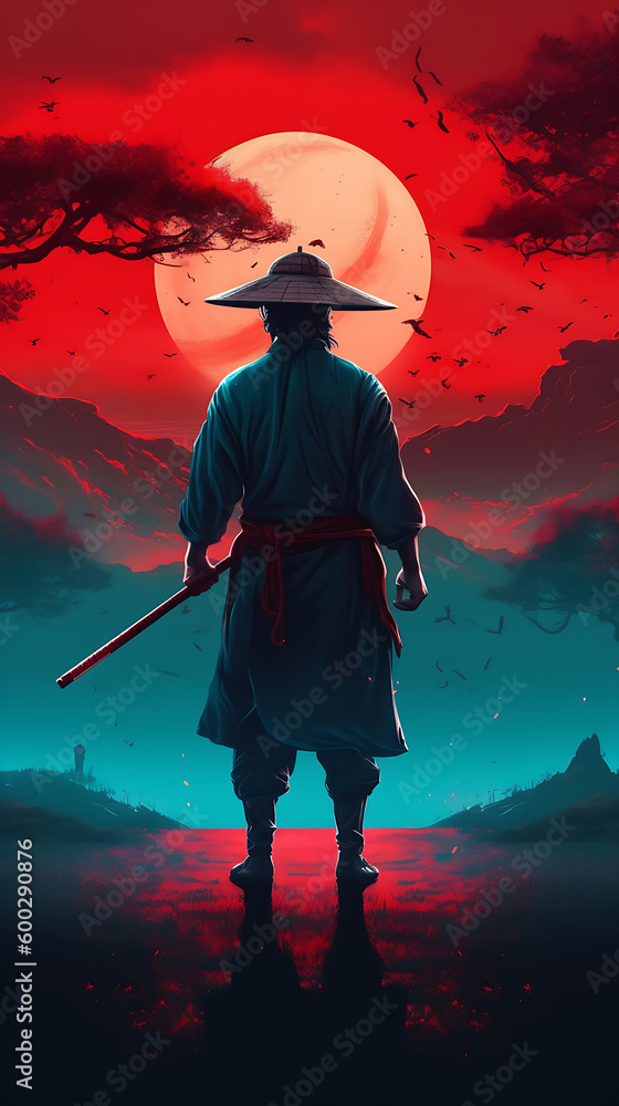 Silhouette of a samurai man with his sword standing before the red sun in the middle of a vast field, generative ai