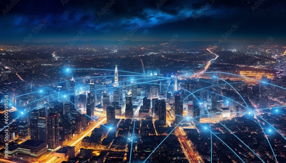 Smart City Skyline with Glowing Digital Accents and Interconnected Networks in an Urban Environment - Generative AI