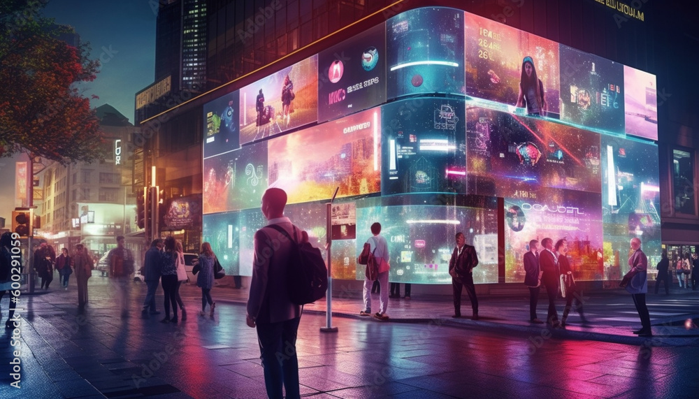 Smart City Street Corner with Real-time Displays and Holographic Overlays in High-tech Style, Amidst Urban Landscape - Generative AI