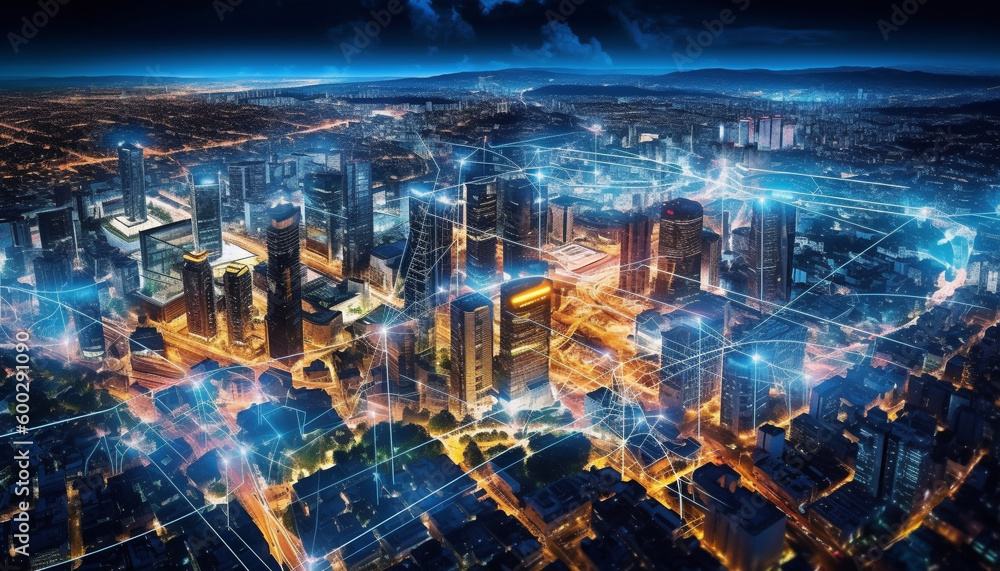 Smart City's Central Hub: Efficient Connected Infrastructure and Advanced Communication Networks in a Technologically Advanced Control Center - Generative AI - obrazy, fototapety, plakaty 
