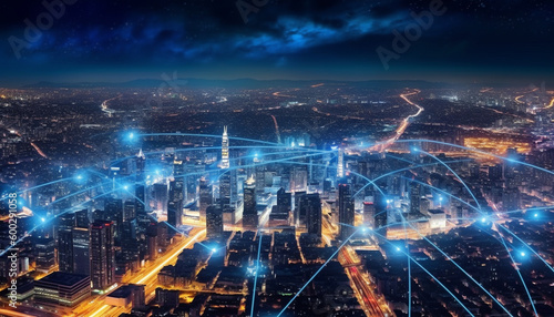 Smart City Skyline with Glowing Digital Accents and Interconnected Networks in an Urban Environment - Generative AI