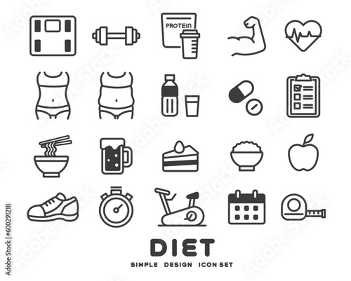 ダイエットに関するシンプルなアイコンのベクターイラスト素材／筋トレ／食事制限