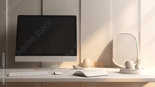 a modern home office with a stylish desktop computer in white and warm colours. Generative AI