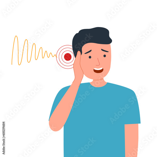 Man with tinnitus disease in flat design on white background. Ear pain.