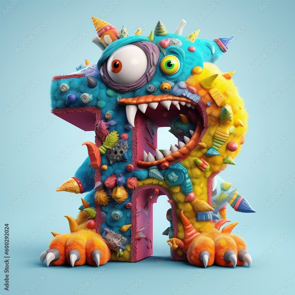 crazy mad funny cute tiny Monster In the form of the letter R, generative AI illustration crazy mad funny cute tiny Monster In the form of the letter R, generative AI illustration