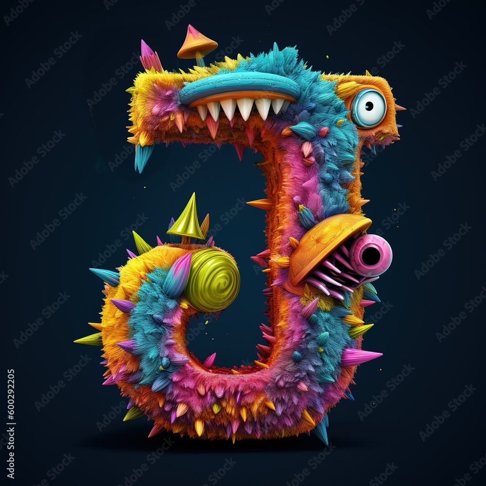 crazy mad funny cute tiny Monster In the form of the letter J, generative AI illustration crazy mad funny cute tiny Monster In the form of the letter J, generative AI illustration
