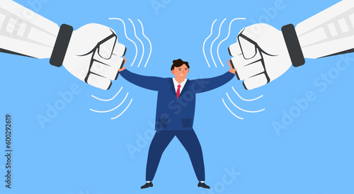 businessman between two pushing robotic fists confrontation fighting against robots  vefctor illustration