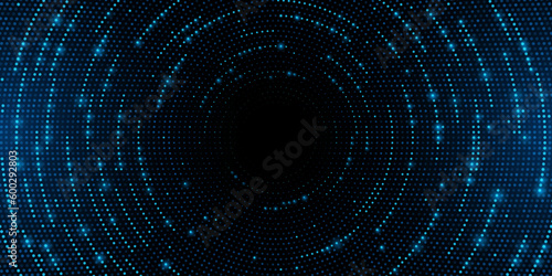 Futuristic digital circles of glowing particles. Abstract circular sound wave. Big data visualization into cyberspace. Pattern of dots. Vector Illustration