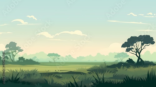 2d savvana daylight landscape background vector, blue sky, flat vector Generated ai