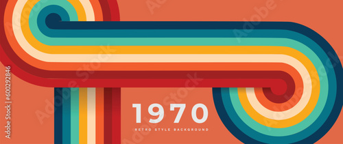 Abstract retro 70s background vector. Colorful vintage 1970 stylish wallpaper with lines, stripes, curve, circle shapes. Illustration design suitable for poster, banner, decorative, wall art.