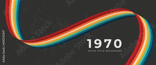 Abstract retro 70s background vector. Colorful vintage 1970 grunge stylish wallpaper with lines, stripes, ribbon shapes. Illustration design suitable for poster, banner, decorative, wall art.