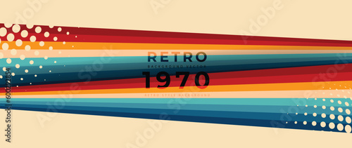 Abstract retro 70s background vector. Colorful vintage 1970 stylish wallpaper with lines, stripes, circle shapes. Illustration design suitable for poster, banner, decorative, wall art.