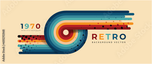 Abstract retro 70s background vector. Colorful vintage 1970 stylish wallpaper with lines, stripes, curve, circle shapes. Illustration design suitable for poster, banner, decorative, wall art.