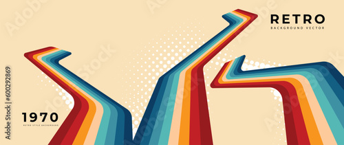 Abstract retro 70s background vector. Colorful vintage 1970 stylish wallpaper with lines, stripes, curve, circle shapes. Illustration design suitable for poster, banner, decorative, wall art.