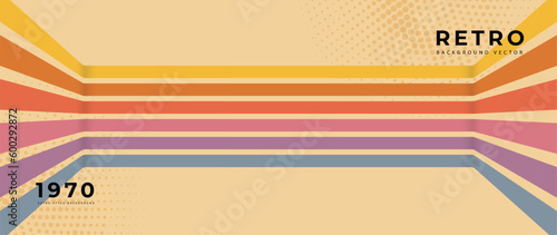 Abstract retro 70s background vector. Colorful vintage 1970 stylish wallpaper with lines, stripes, circle, dot shapes. Illustration design suitable for poster, banner, decorative, wall art.