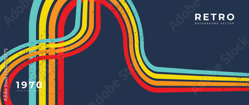 Abstract retro 70s background vector. Colorful vintage 1970 grunge stylish wallpaper with lines, stripes, curve shapes. Illustration design suitable for poster, banner, decorative, wall art.