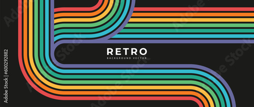 Abstract retro 70s background vector. Colorful vintage 1970 stylish wallpaper with lines, stripes, curve shapes. Illustration design suitable for poster, banner, decorative, wall art.