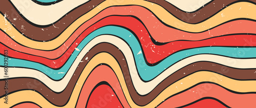 Abstract retro 70s background vector. Colorful vintage 1970 grunge stylish wallpaper with lines, stripes, psychedelic shapes. Illustration design suitable for poster, banner, decorative, wall art.