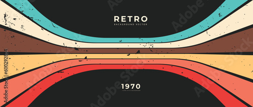 Abstract retro 70s background vector. Colorful vintage 1970 grunge stylish wallpaper with lines, stripes, curve shapes. Illustration design suitable for poster, banner, decorative, wall art.