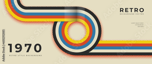 Abstract retro 70s background vector. Colorful vintage 1970 stylish wallpaper with lines, stripes, curve, circle shapes. Illustration design suitable for poster, banner, decorative, wall art.