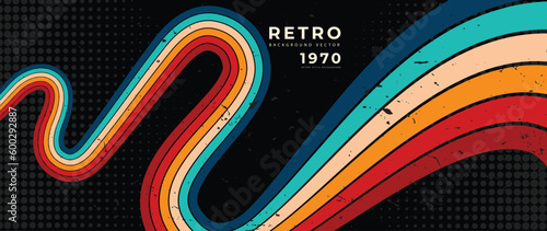 Abstract retro 70s background vector. Colorful vintage 1970 grunge stylish wallpaper with lines, stripes, curve shapes. Illustration design suitable for poster, banner, decorative, wall art.