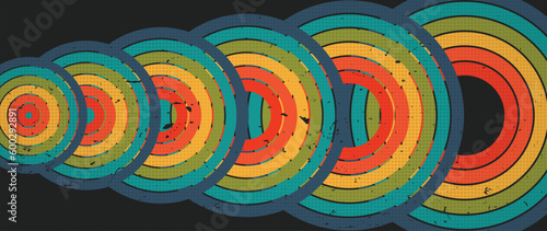 Abstract retro 70s background vector. Colorful vintage 1970 grunge stylish wallpaper with circle, stripes shapes. Illustration design suitable for poster, banner, decorative, wall art.