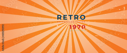 Abstract retro 70s background vector. Colorful vintage 1970 grunge stylish wallpaper with sun light, sun rays, stripes shapes. Illustration design suitable for poster, banner, decorative, wall art.