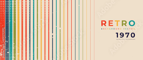 Abstract retro 70s background vector. Colorful vintage 1970 grunge stylish wallpaper with lines, stripes shapes. Illustration design suitable for poster, banner, decorative, wall art.