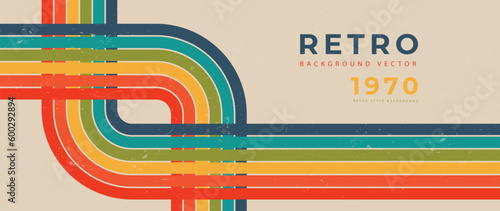 Abstract retro 70s background vector. Colorful vintage 1970 grunge stylish wallpaper with lines, stripes, curve shapes. Illustration design suitable for poster, banner, decorative, wall art.